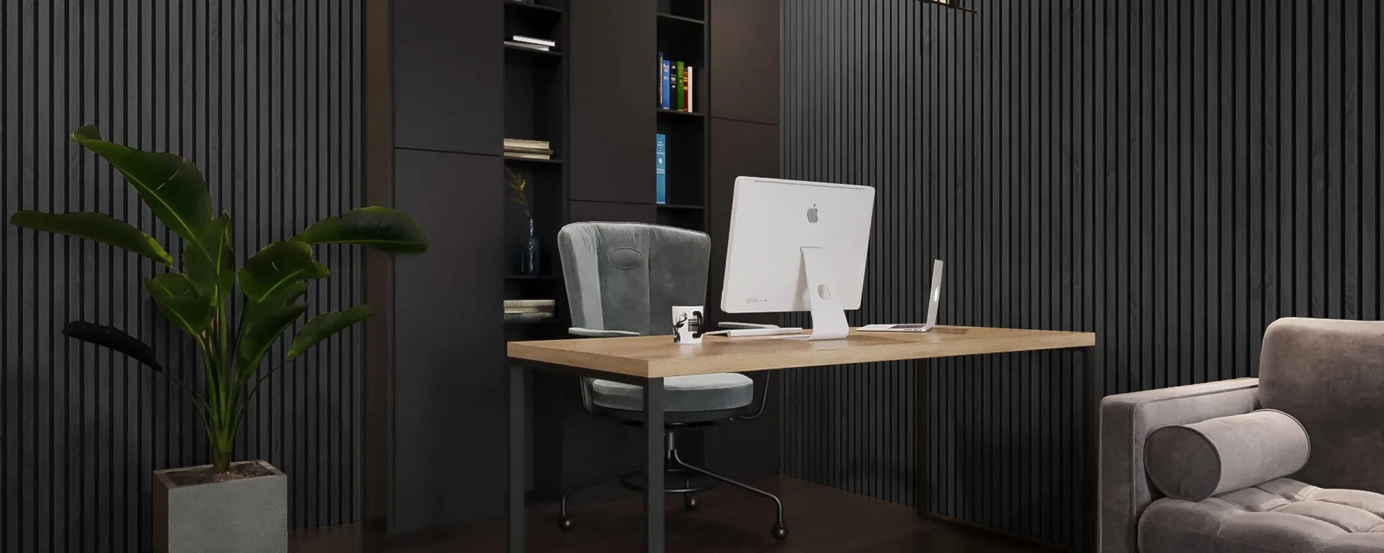 Charocal Wood Slat Wall Panelling in office interior 300x60 cm DecorMania UK